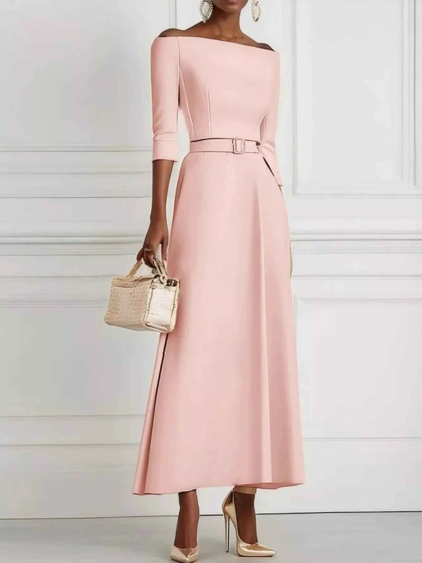 Elegant Off-Shoulder Belted Maxi Dress Pink ef607905f6fc4720991d60c57a644e7f-Max-Origin