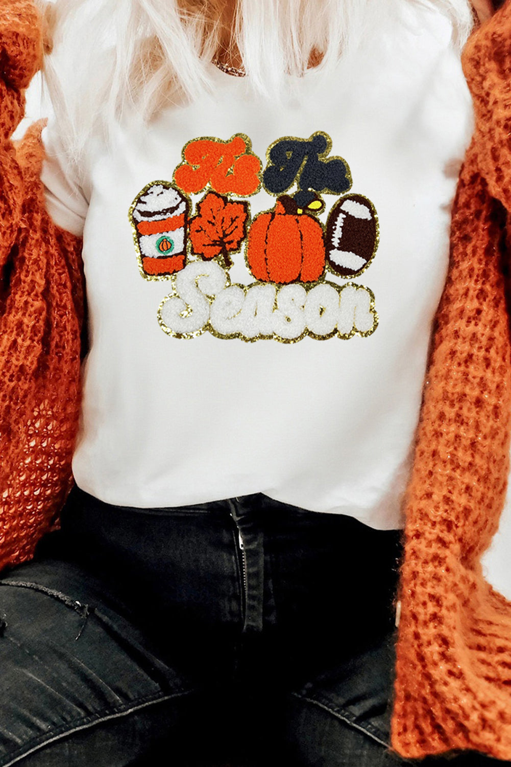 White Iis The Season Pumpkin Spice Terry Flocking Graphic Crewneck T Shirt ef7c7c70a138aeff