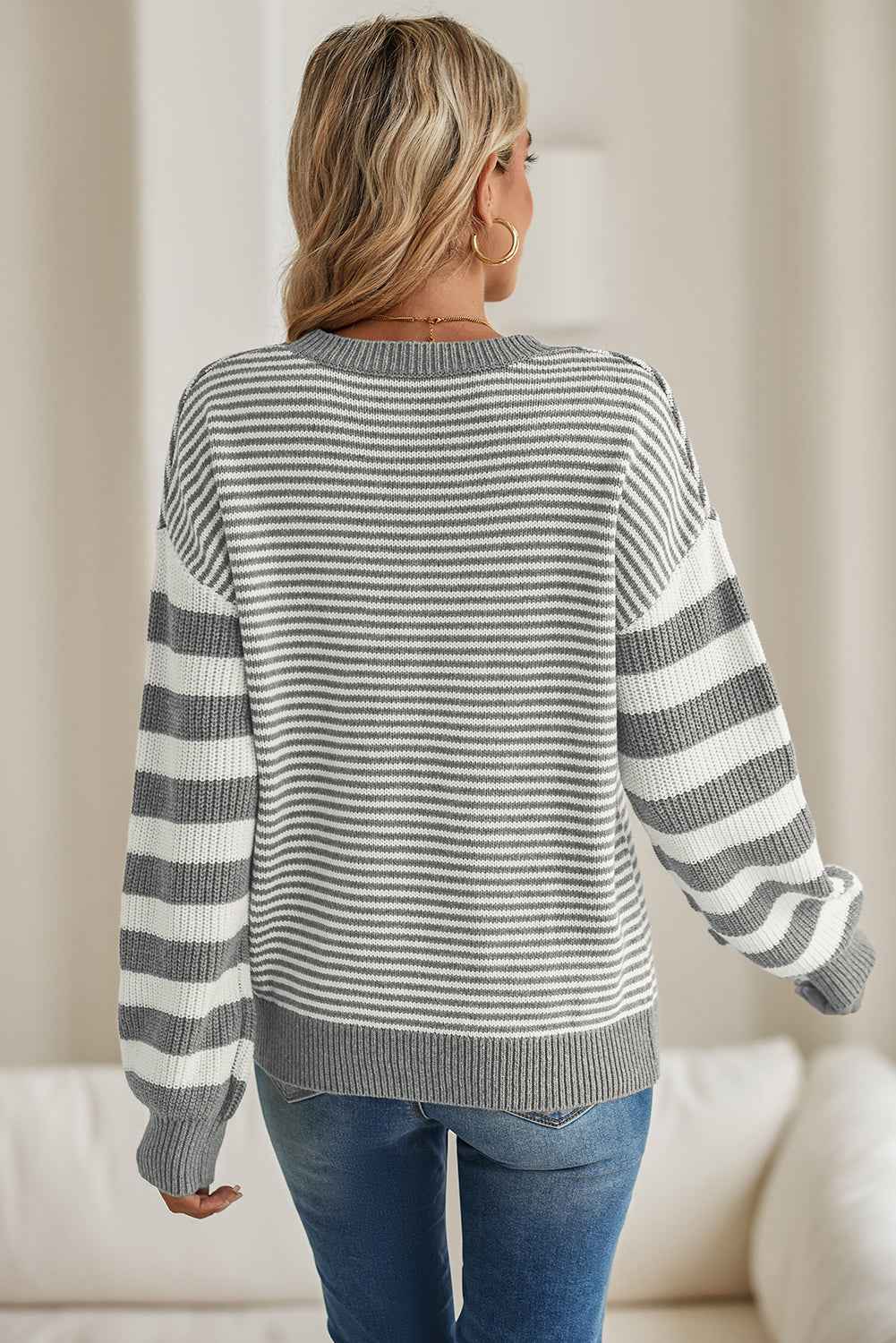 Gray Stripe Twisted Knitted Drop Shoulder Sweater f09cb23342659d6d