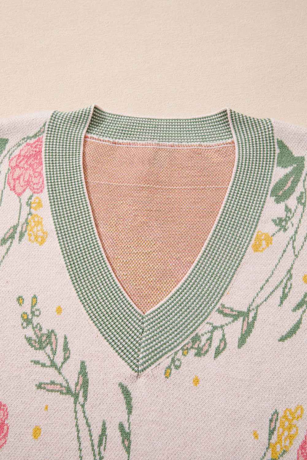 Pink Floral Striped Colorblock V Neck Loose Sweater f16809afcc0f1453