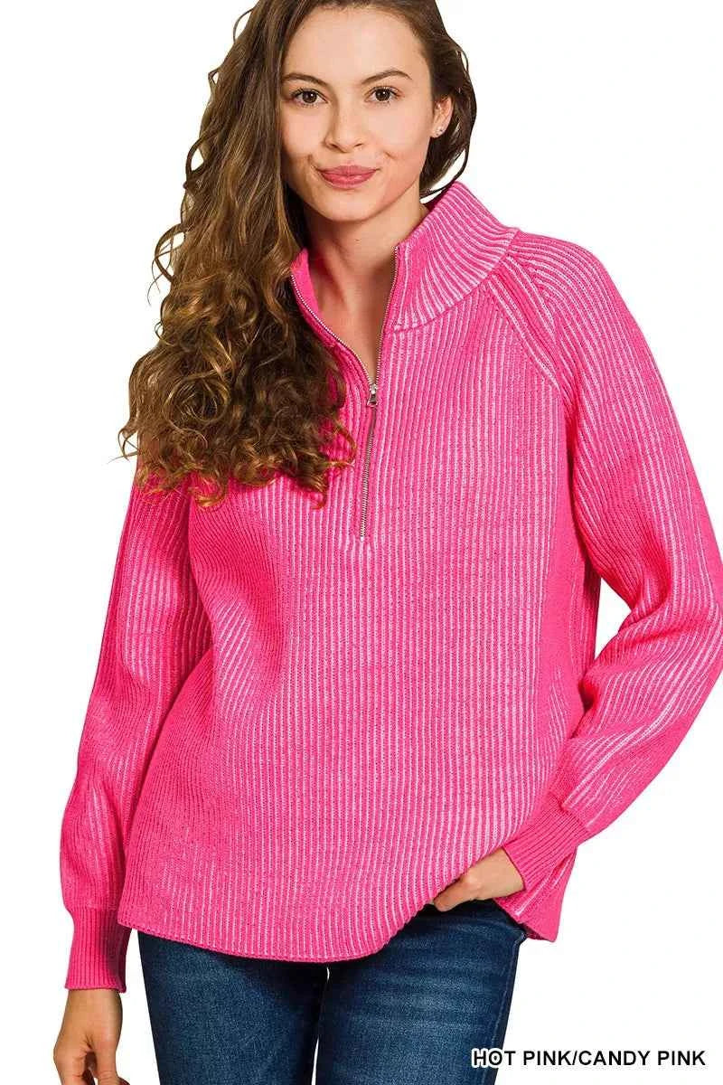 Zenana Ribbed Two Tone Half Zip Sweater HOT PINK CANDY PINK f16fe0204a954274ba3e709822069468-Max-Origin