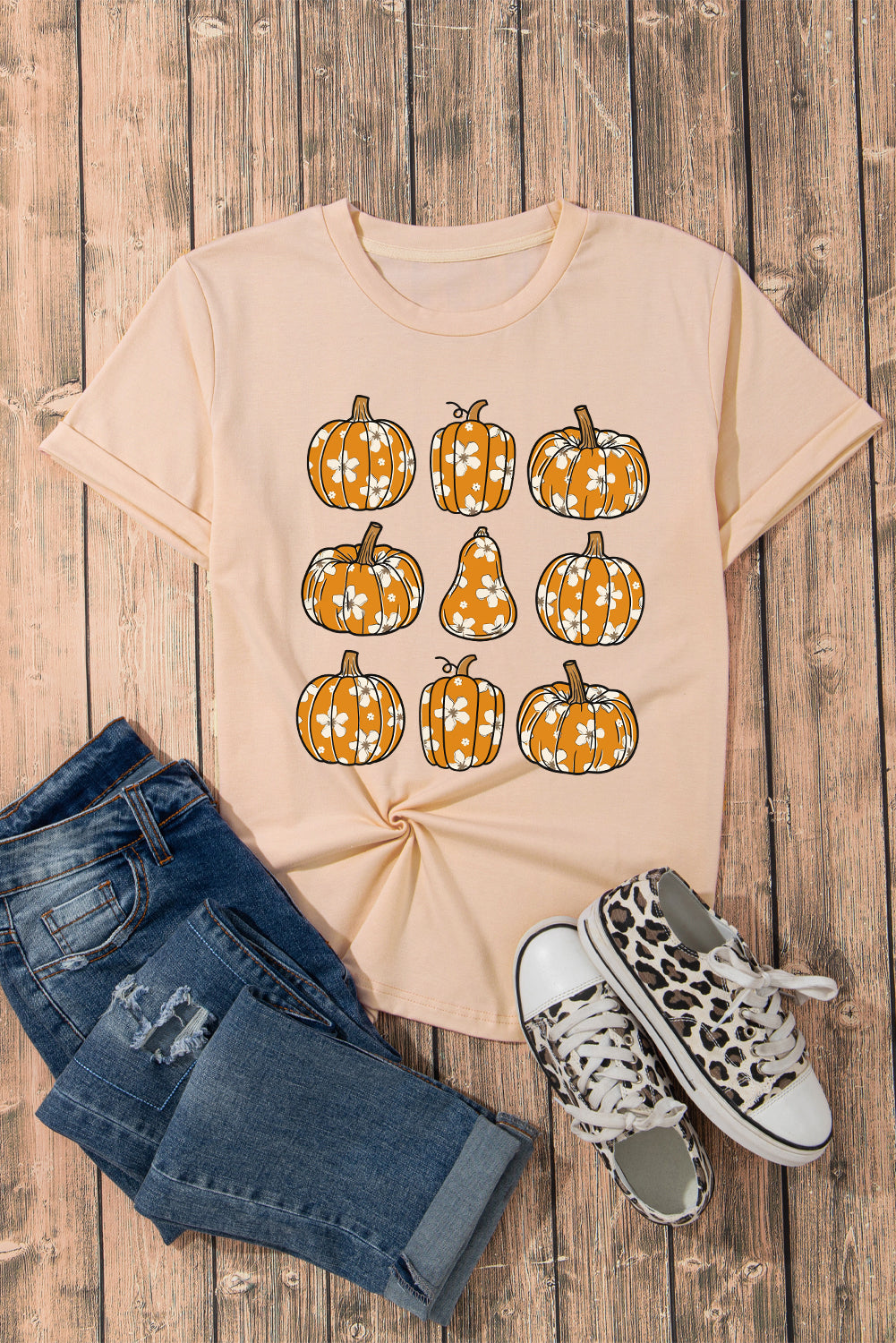 Khaki Fall Floral Pumpkin Heat Transfer Printing Casual Graphic T Shirt f18559f9d6226800