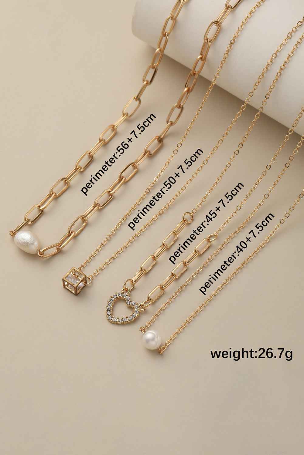 Gold 4pcs Pearl Cube Heart Pendant Chain Necklace Set f2b6b93edbc95ebb