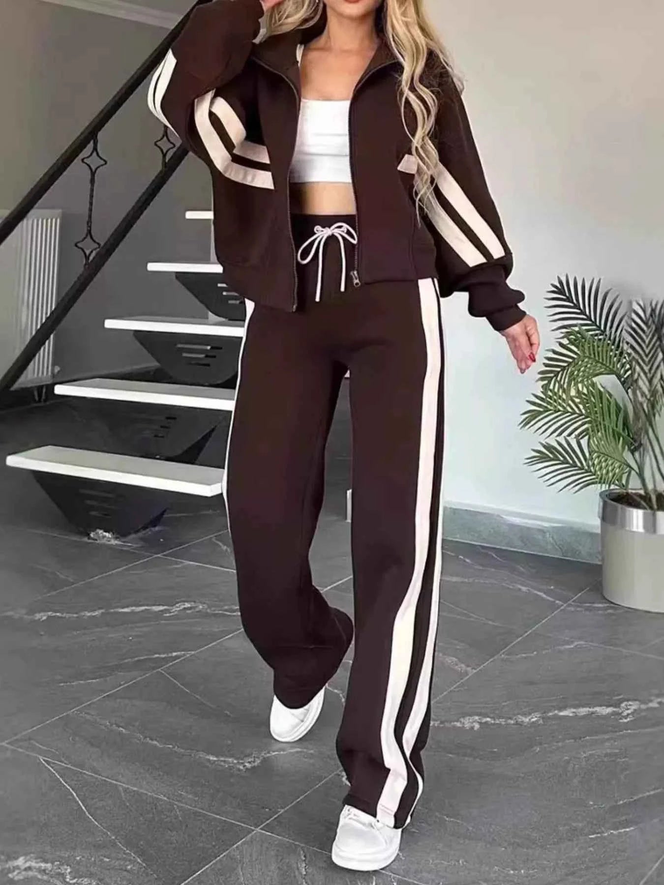 Full Size Contrast Stripe Zip Up Jacket and Pants Set Plus Size Brown f353445d-a79a-4ec2-ac2d-1854a2611d10-Max-Origin