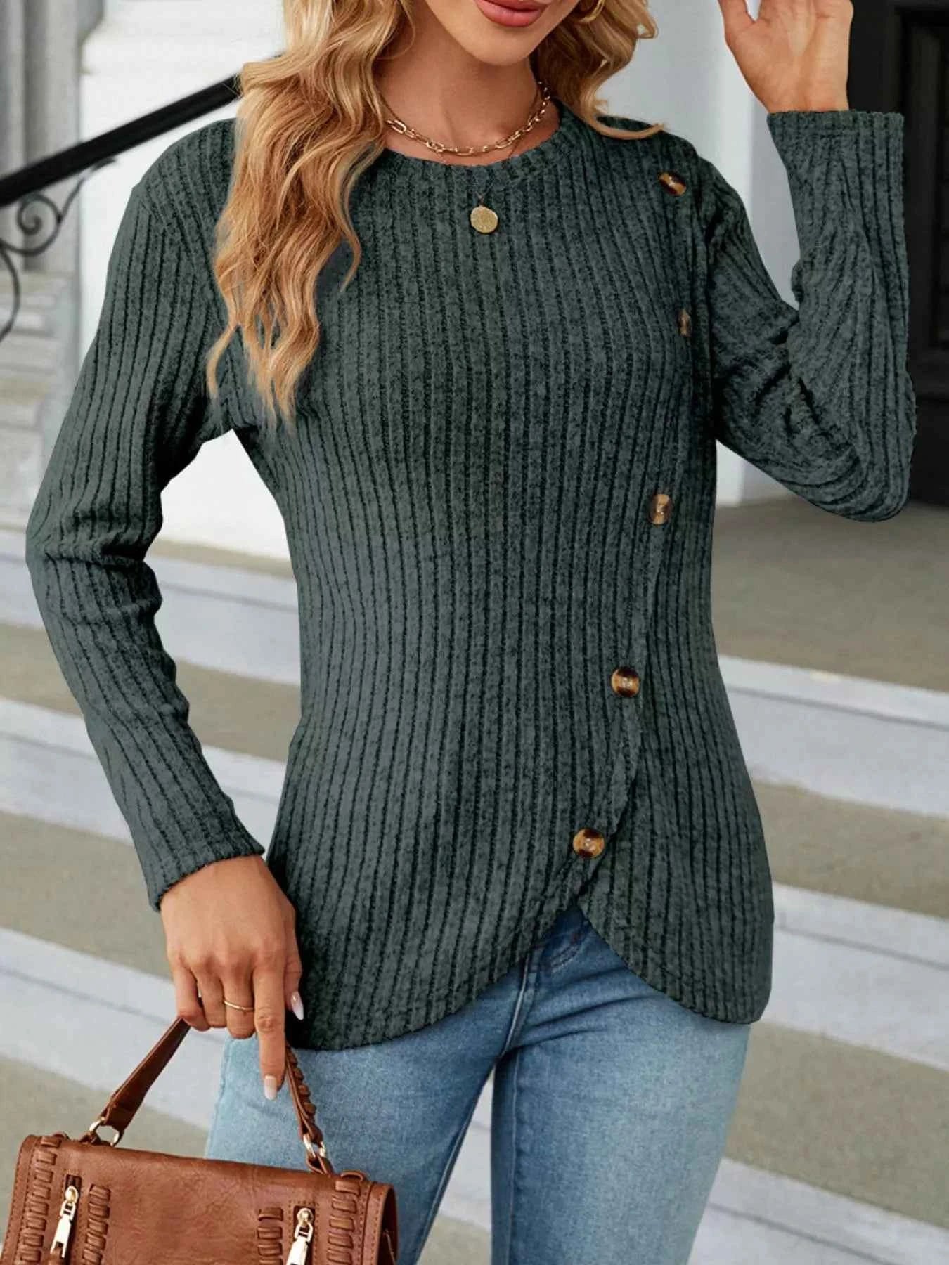 Ribbed Knit Decor Button T-Shirt Army Green f3ee62d2-2fad-4ea3-9f0b-ce8459d2aa0f-Max-Origin