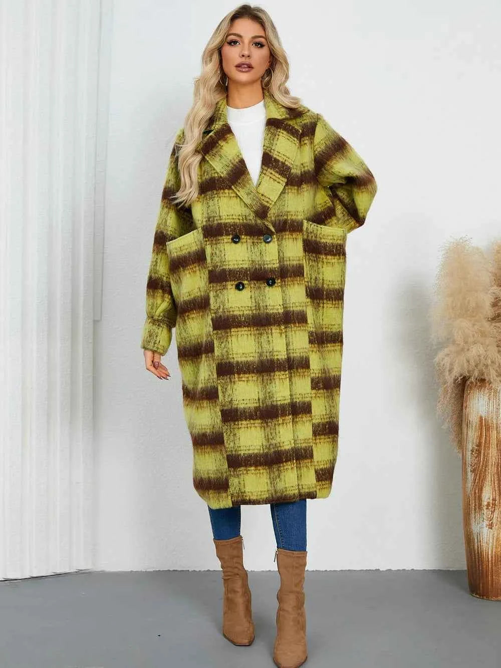 Contrast Double-Breasted Long Sleeve Longline Coat Lime f3fde2c6-e3f1-4dab-94c4-7918ae0ee44d-Max