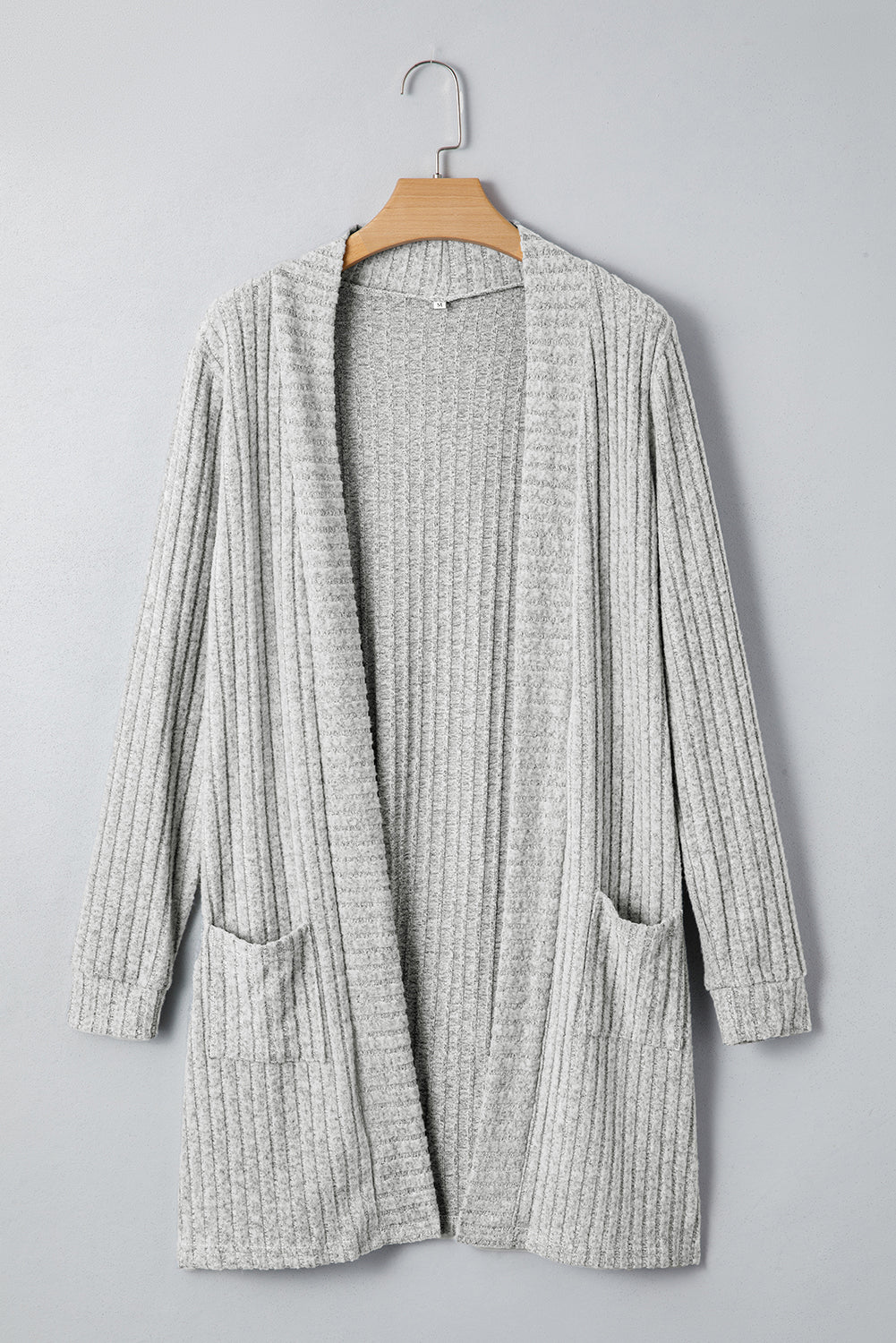 Gray Ribbed Knit Open Front Tunic Cardigan with Pockets
