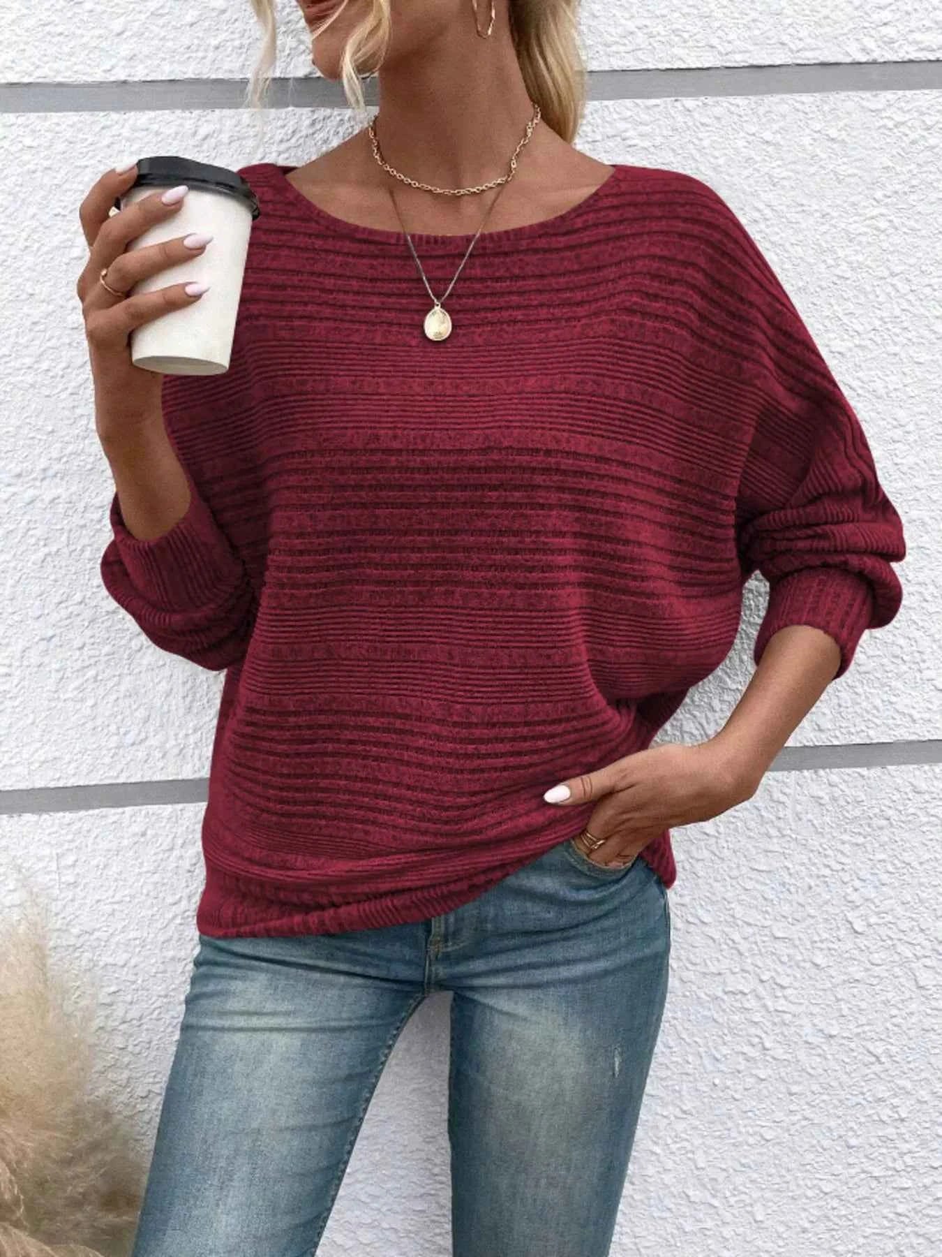 Ribbed Round Neck Long Sleeve Top Wine Red f400525ec85d48b4bc5ca59e57395718-Max-Origin