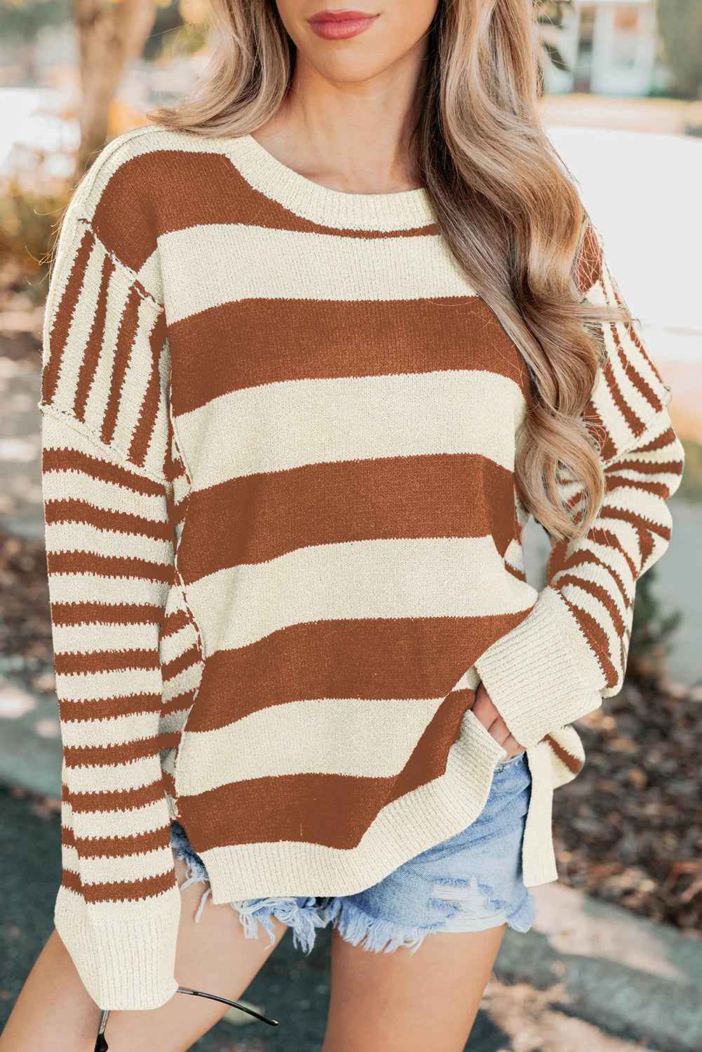 Brown Stripe Drop Shoulder Sleeve Patchwork Baggy Sweater Brown Stripe 100%Acrylic f40c2ed66ad1b646