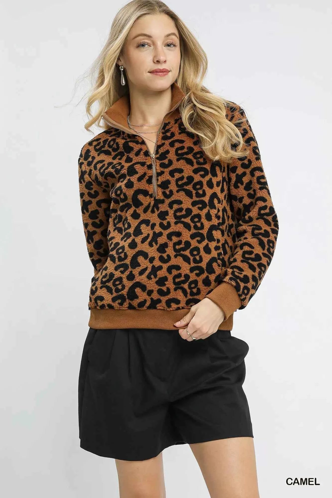 Umgee Leopard Print Quarter-Zip Sweatshirt f4889f7d-2eef-432e-9e6c-f79354c9eb79-Max-Origin