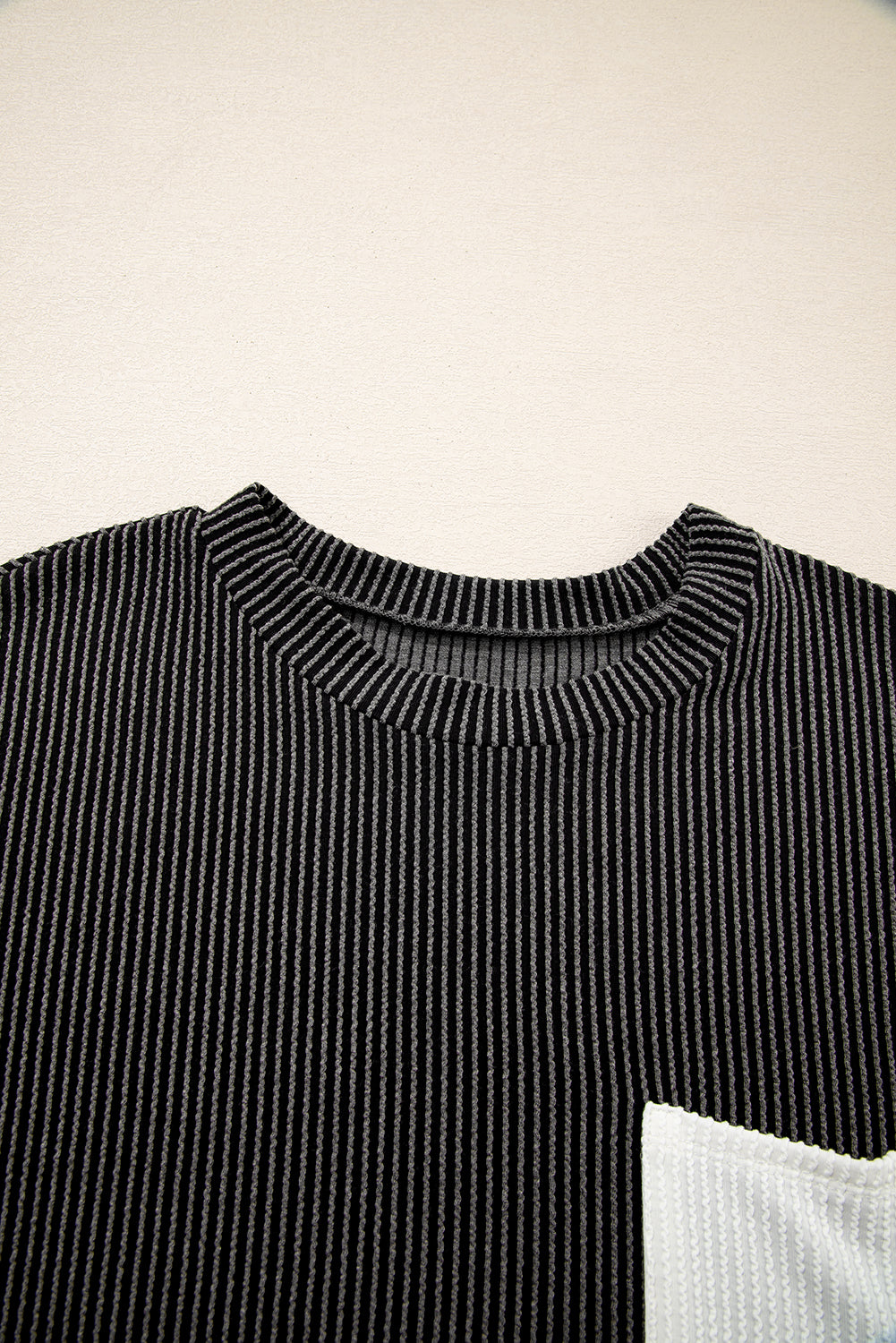 Pink Corded Colorblock Pocket Crew Neck T Shirt f4b2ab8d8f89b261