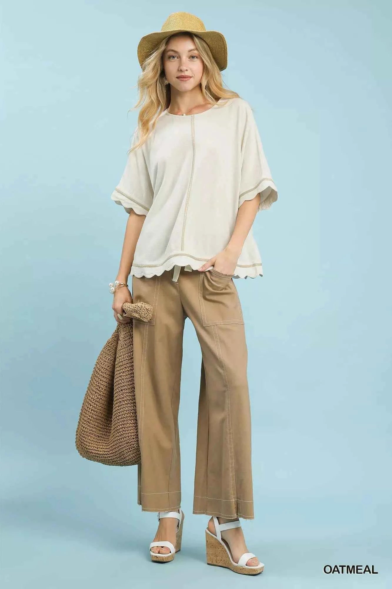 Umgee Linen Blend Scallop Trim Top