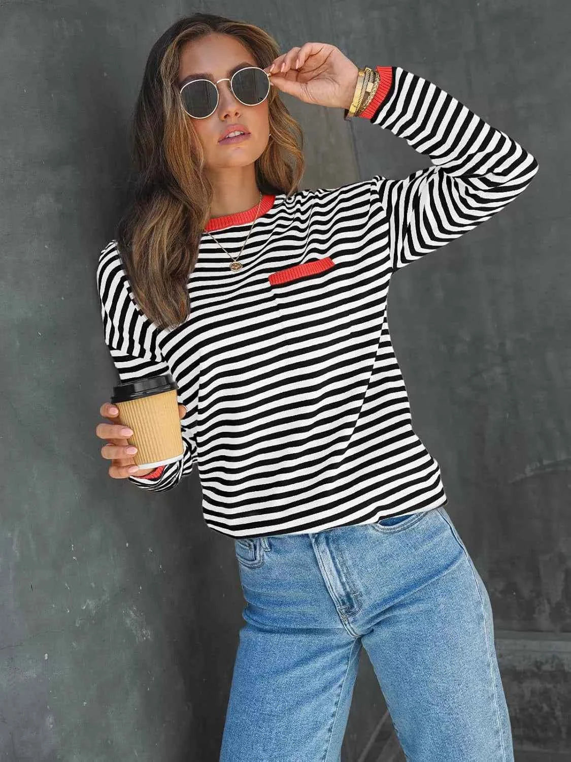 Striped Long Sleeve Sweater with Contrast Ribbed Trim Black Red f543fd19-ed22-4a8f-b0d2-d2708b5eba62-Max-Origin