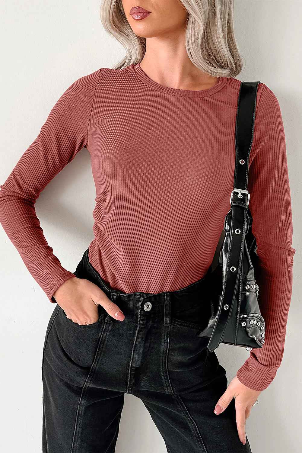 Mineral Red Ribbed Long Sleeve Crew Neck Solid Color Bodysuit
