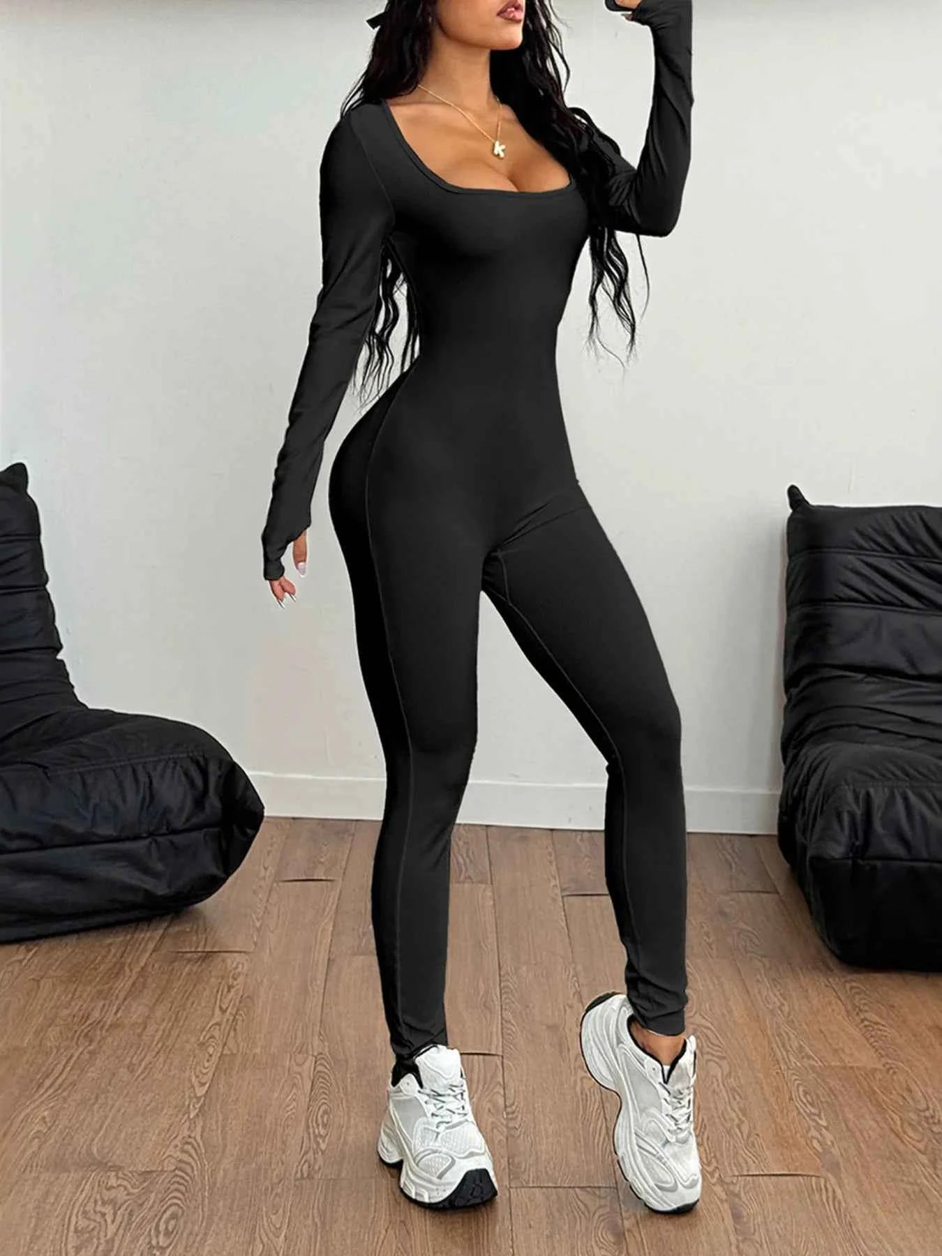 Square Neck Long Sleeve Active Jumpsuit Black f5f21153f8a14354a1a2d7970729b640-Max-Origin