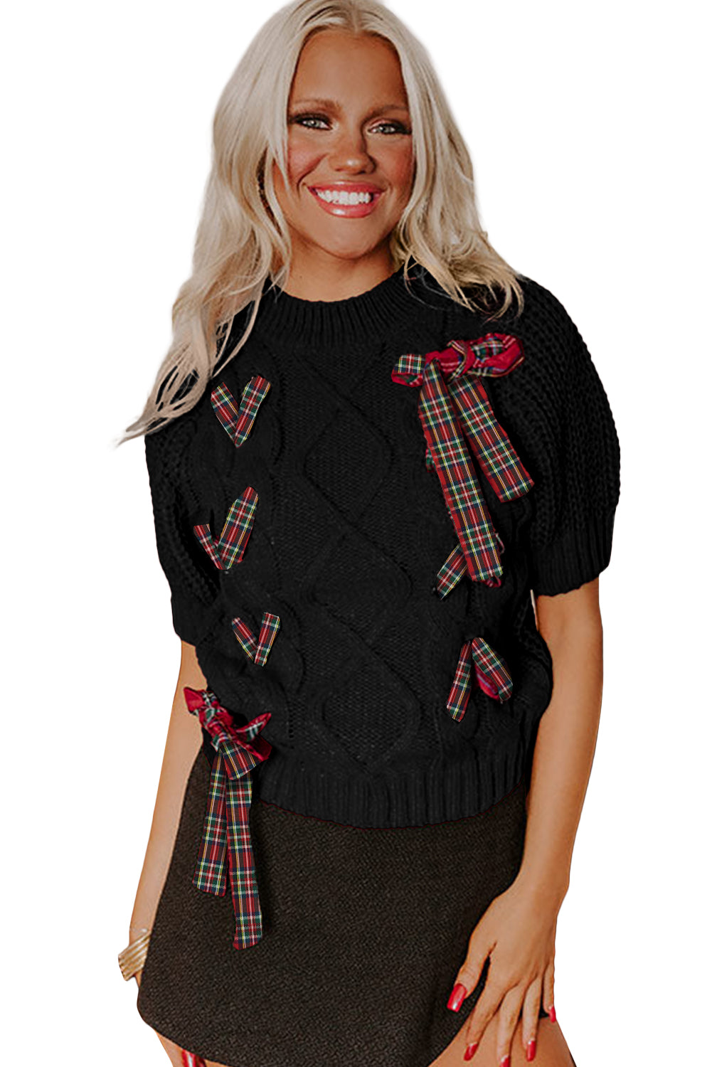 Fiery Red Plaid Lace-up Detail Christmas Holiday Puff Short Sleeve Sweater