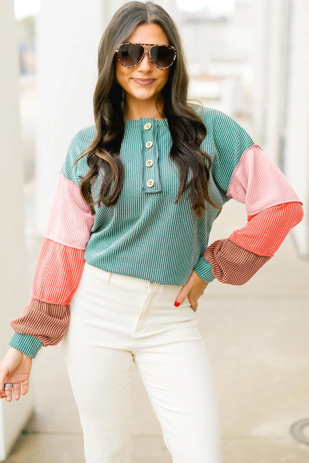 Multicolour Twisted Ribbed Colorblock Patchwork Henley Top f6a44b47724b3955