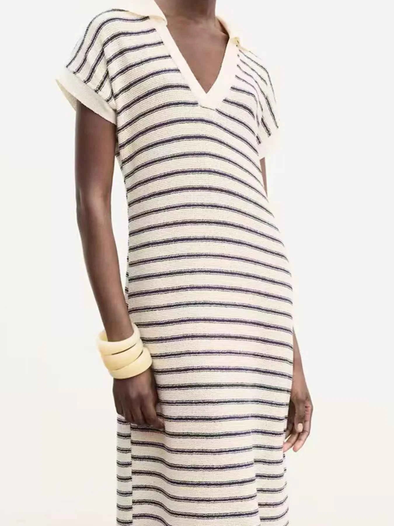 Striped Slit Short Sleeve Maxi Dress Black f712e63907e349d3bd0808adc62fef98-Max-Origin