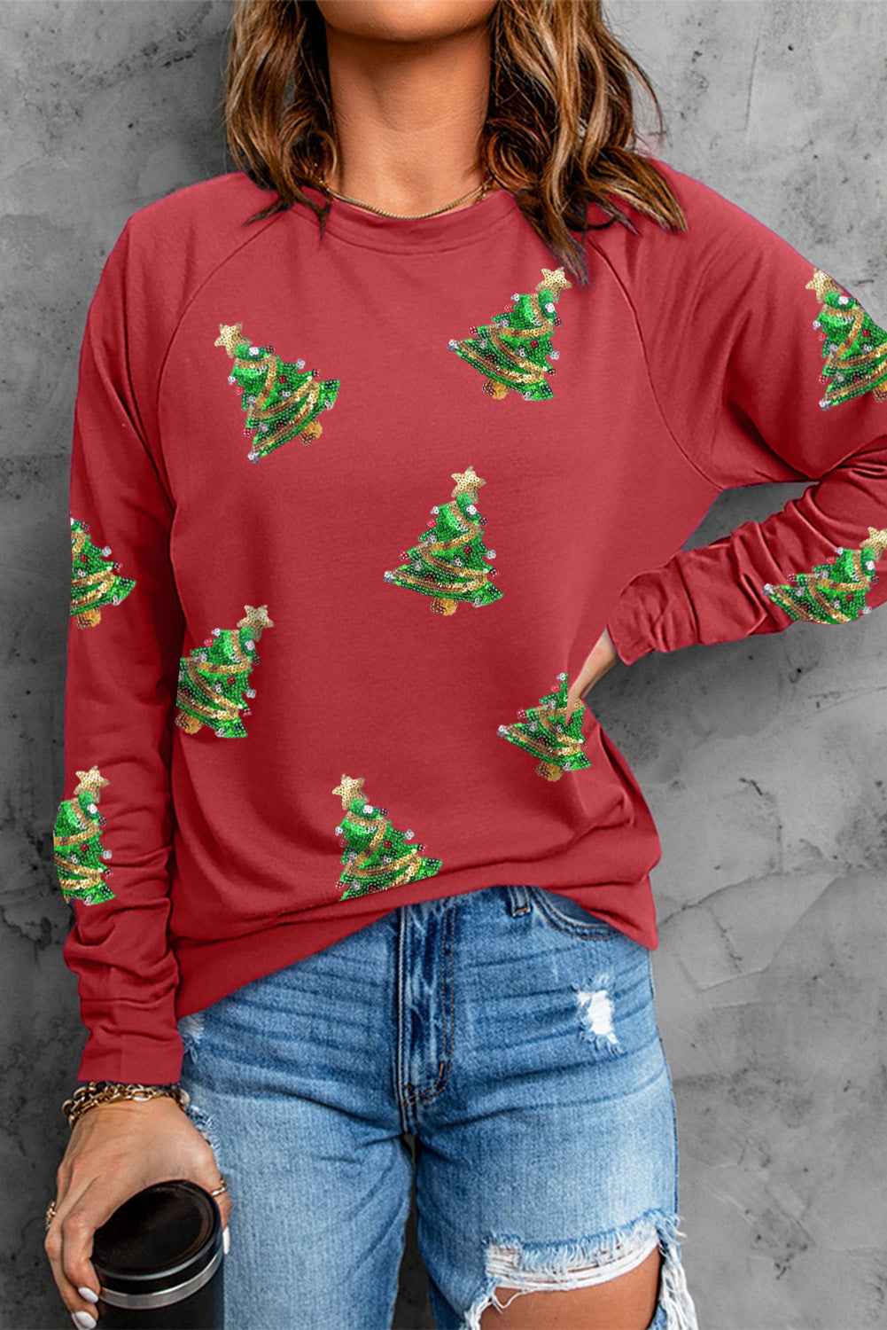 Red Christmas Tree Graphic Sequins Patch Raglan Sleeve Graphic Sweatshirt f72c499d276177ec