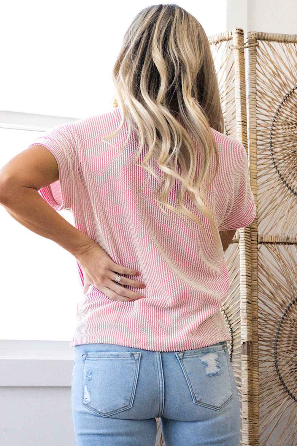 Pink Corded Colorblock Pocket Crew Neck T Shirt f801b0b8971f3d2a