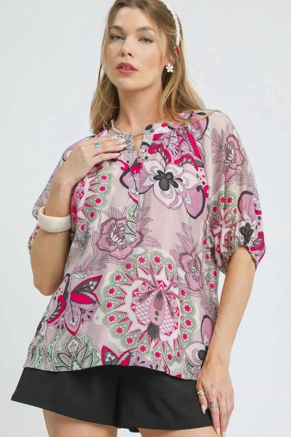 Umgee Floral Print Half Sleeve Blouse Blush Pink f852a185-7ba0-4427-9ac5-03b1acb2a355-Max-Origin