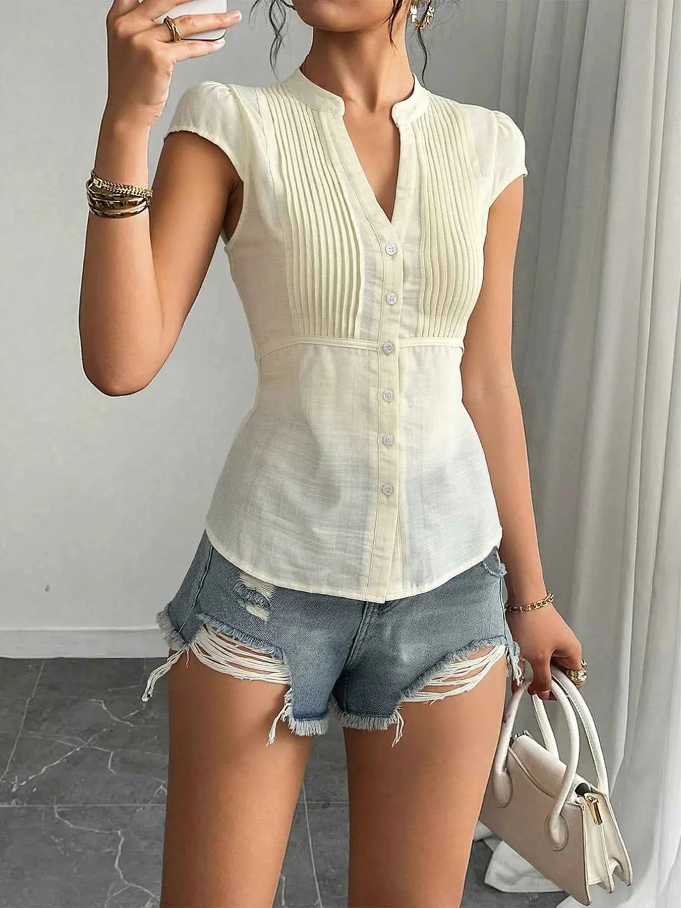 Button Up Cap Sleeve Shirt f88fbde527f7424a99c52b9f1500ec8c-Max-Origin