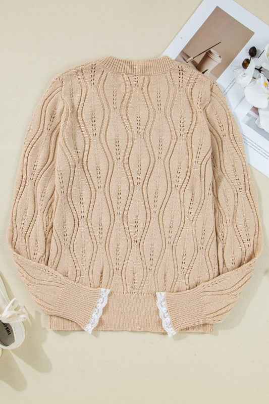 Pearl Beaded Pointelle Knit V-Neck Lace Trim Sweat f8d8aac9-9572-41f5-bb88-4ba4cc070290