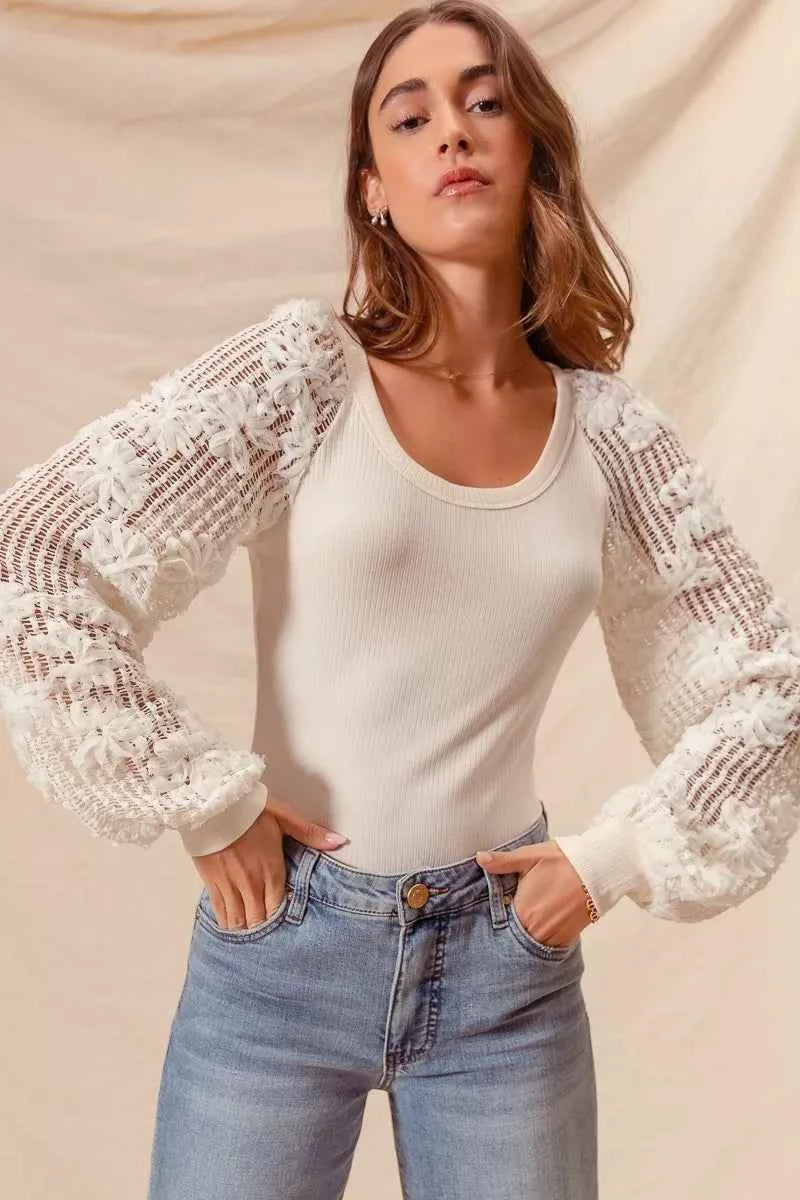 SO ME Rib Knit Top with Lace Balloon Sleeves IVORY f9505db0df0548c49c0a3259056b4416-Max-Origin