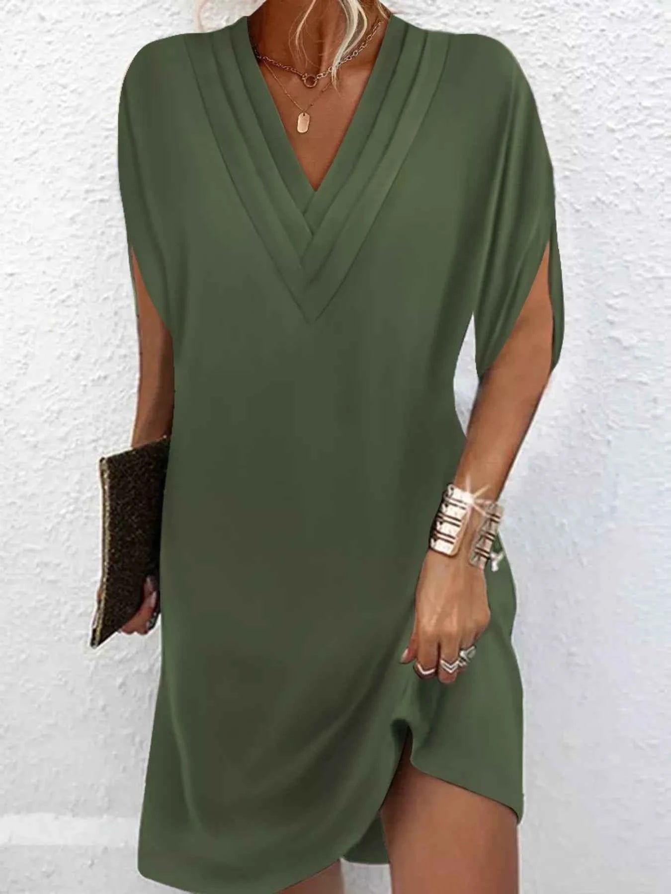 Full Size V-Neck Slit Sleeve Mini Dress Plus Size Army Green f98438bdf28743c8aedc3f9d670d1bd2-Max-Origin