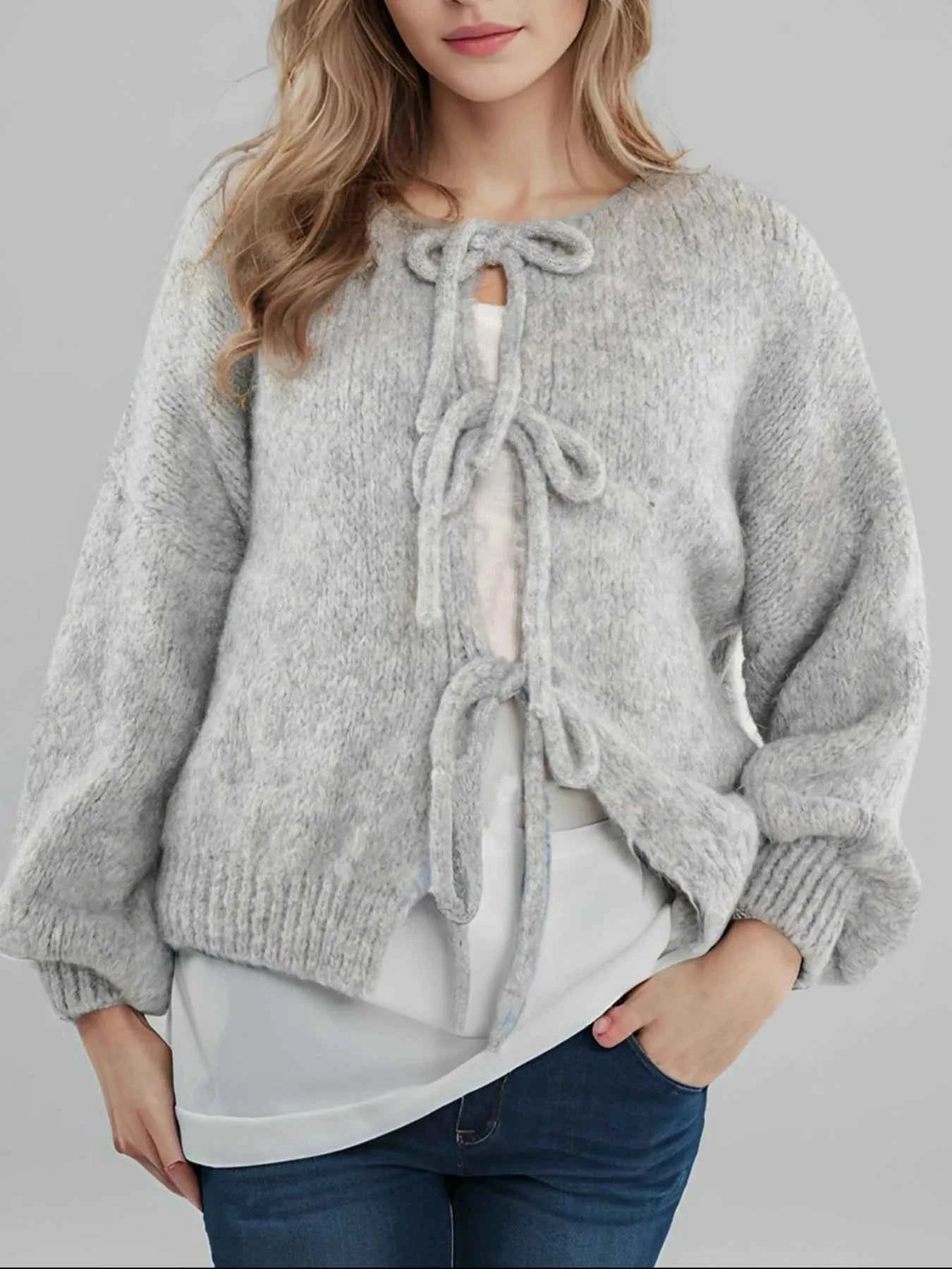 Cozy Bow-Tie Front Knit Cardigan Gray f9ad356d-61e8-42f1-9cb9-08269ae08265-Max-Origin