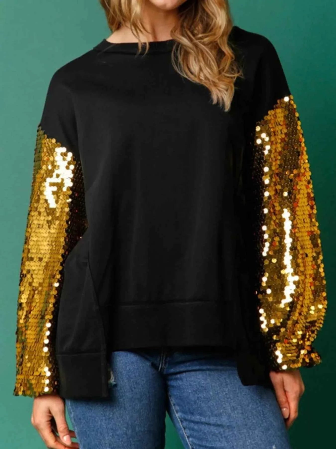 Sequin Long Sleeve Round Neck Sweatshirt Gold f9c2060a-e3e2-4dcc-af66-938437a6396d-Max-Origin