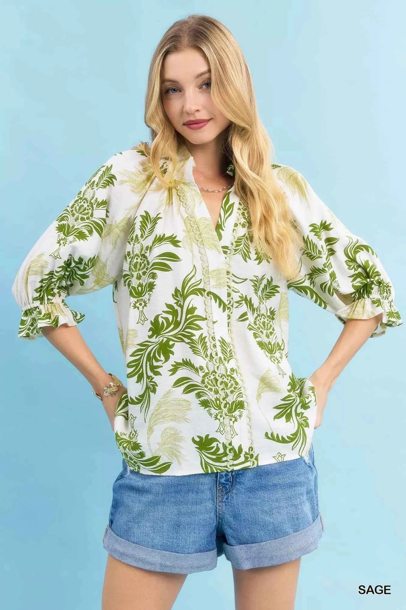 Umgee Leafy Damask Print Blouse with Contrast Scalloped Trim Detail