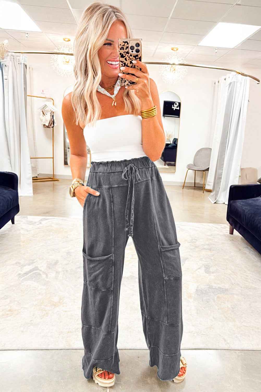 Medium Grey Mineral Wash Knot High Waist Raw Hem Pants fa15ce83168dea35