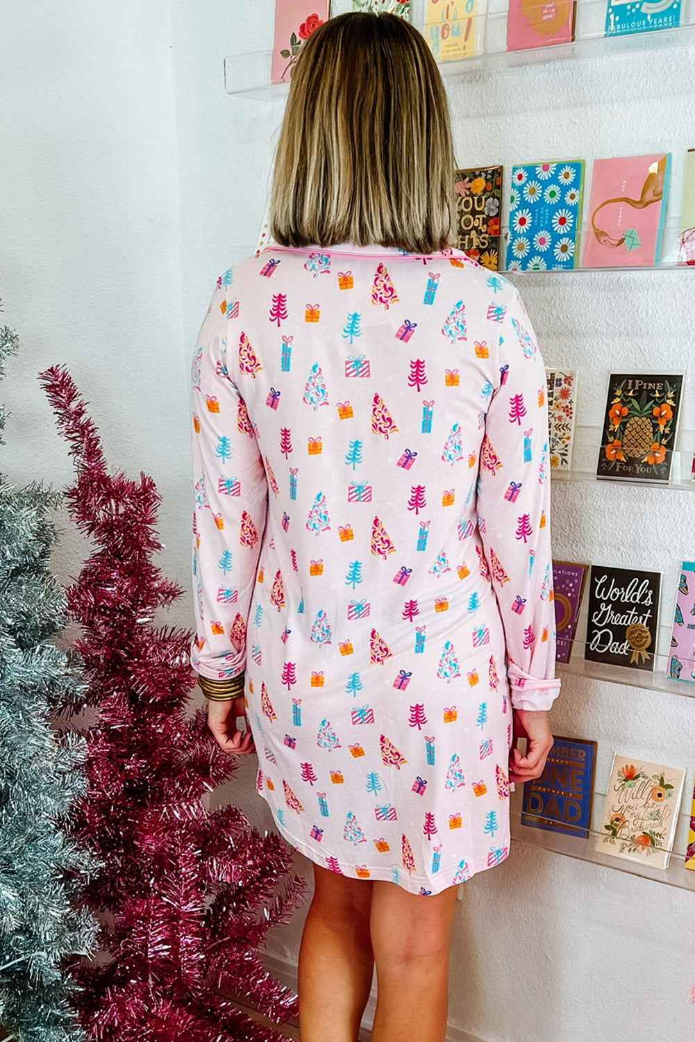 Pink Christmas Twinkle Tree Print Casual Shirt Sleep Dress fa1d28a02457b066