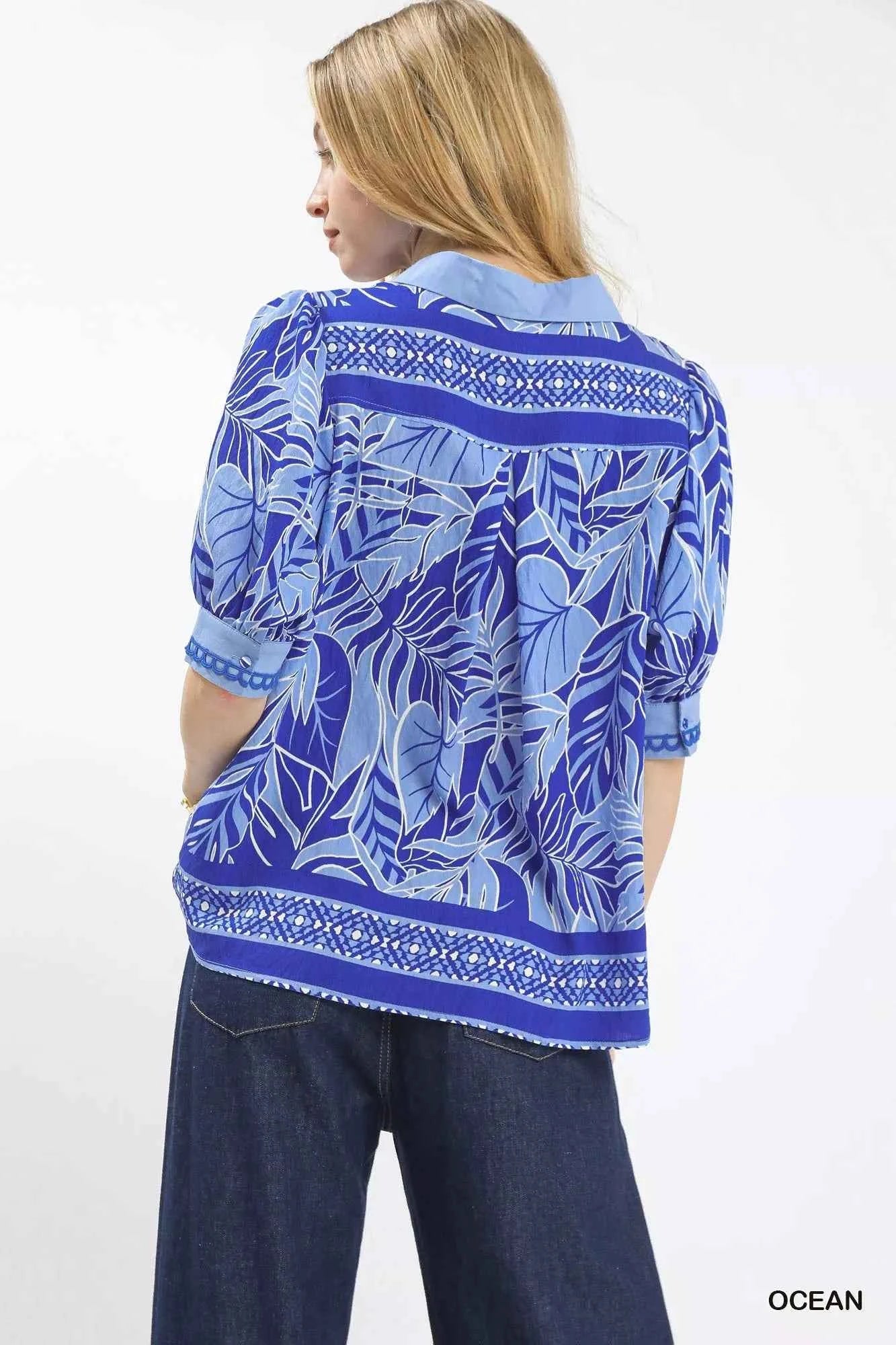 Umgee Tropical Print Puff Sleeve Blouse
