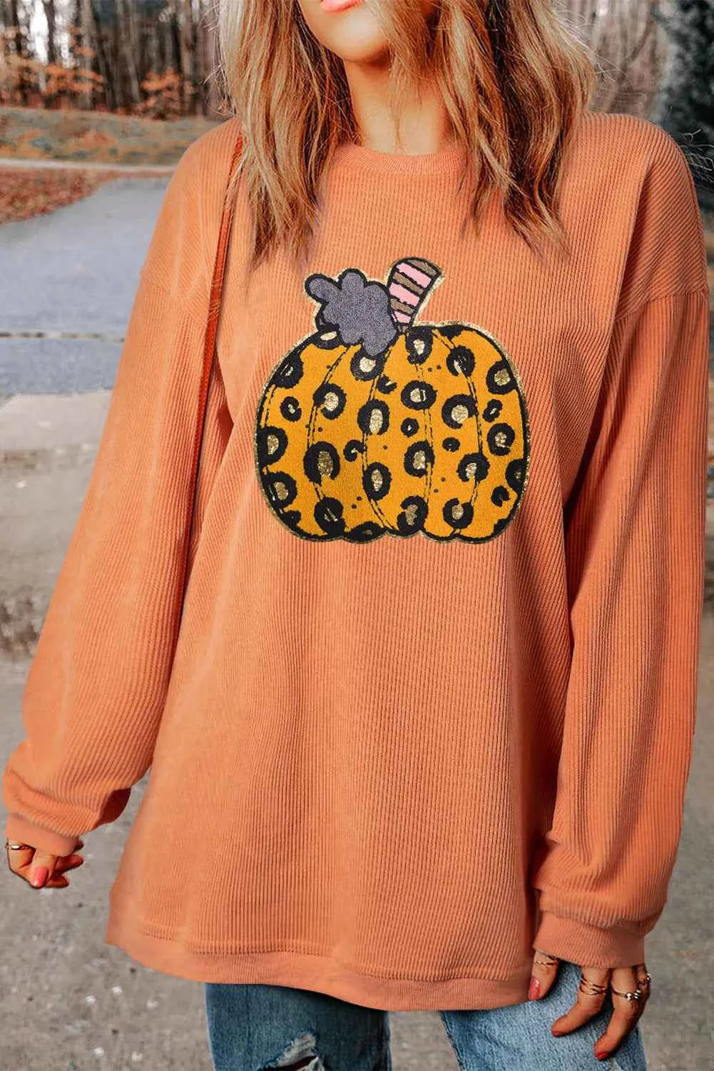 Pumpkin Round Neck Long Sleeve Sweatshirt fa6907a1-d6d4-4e02-b186-7eab4d3e7874-Max