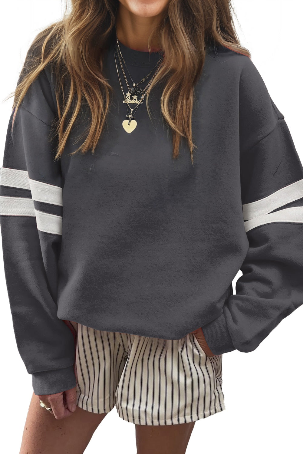 White Preppy Striped Sleeve Loose Sweatshirt Dark Grey 65%Polyester+35%Cotton faaf41e52df05f70