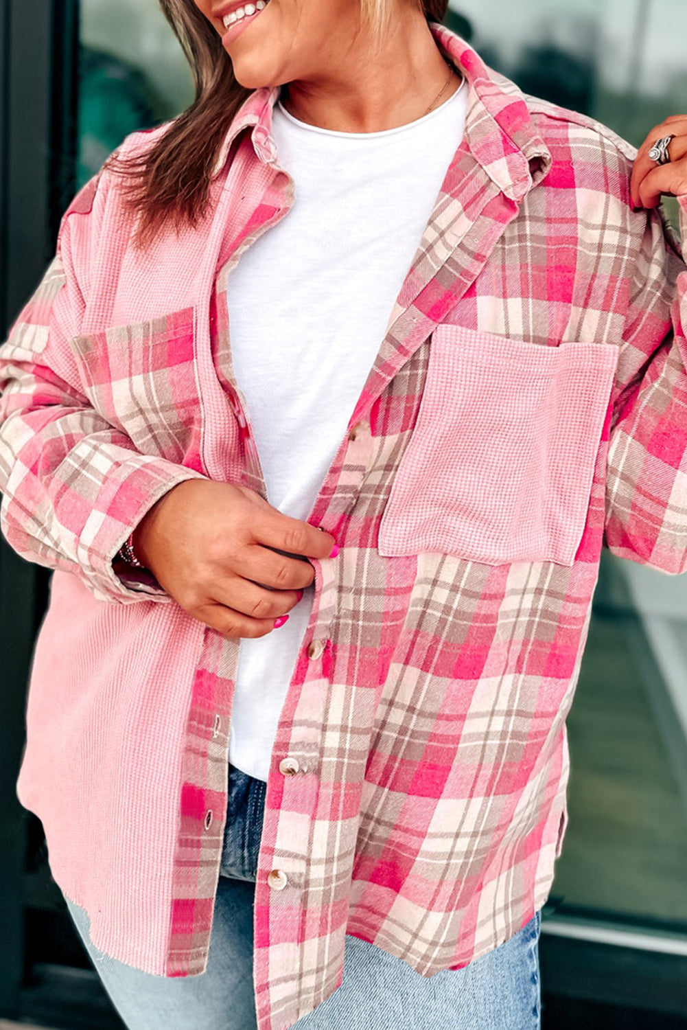 Pink Waffle Pocket Plaid Patchwork Plus Size Shirt fb1b801bfa4f32c8