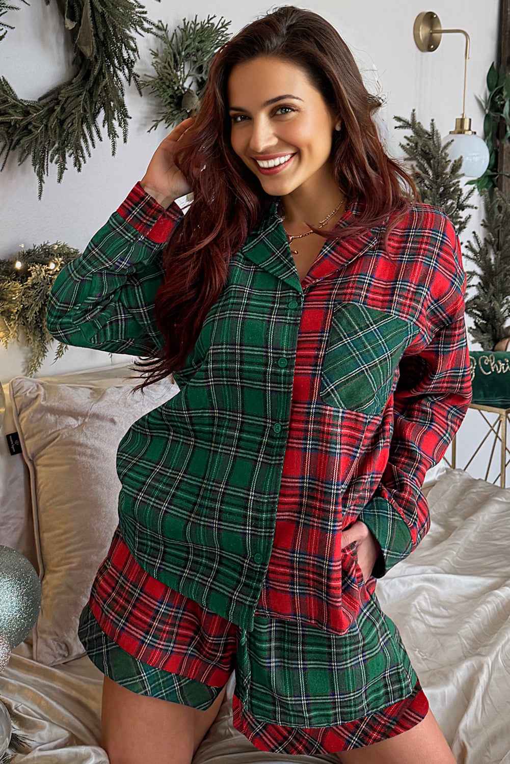 Red Plaid Contrast Color Christmas Holiday Long Sleeve Shirt and Shorts Pajama Set fb7c46d6751d67ae