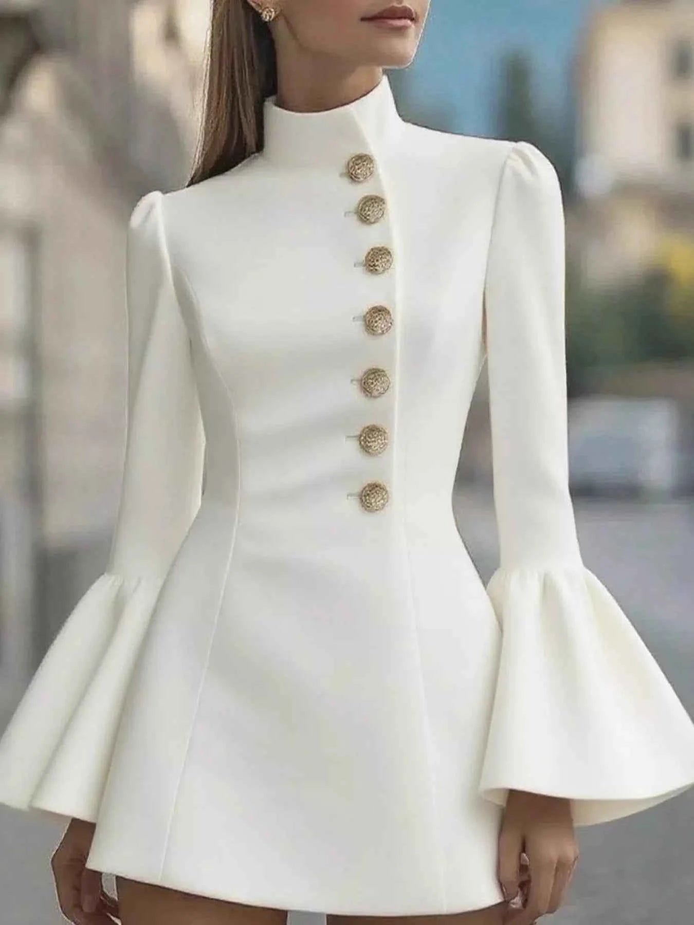 Bell Sleeve Mini Dress with Front Button White fbc1ba4a-3d05-4933-ac8a-28f15a2d1b6b-Max-Origin