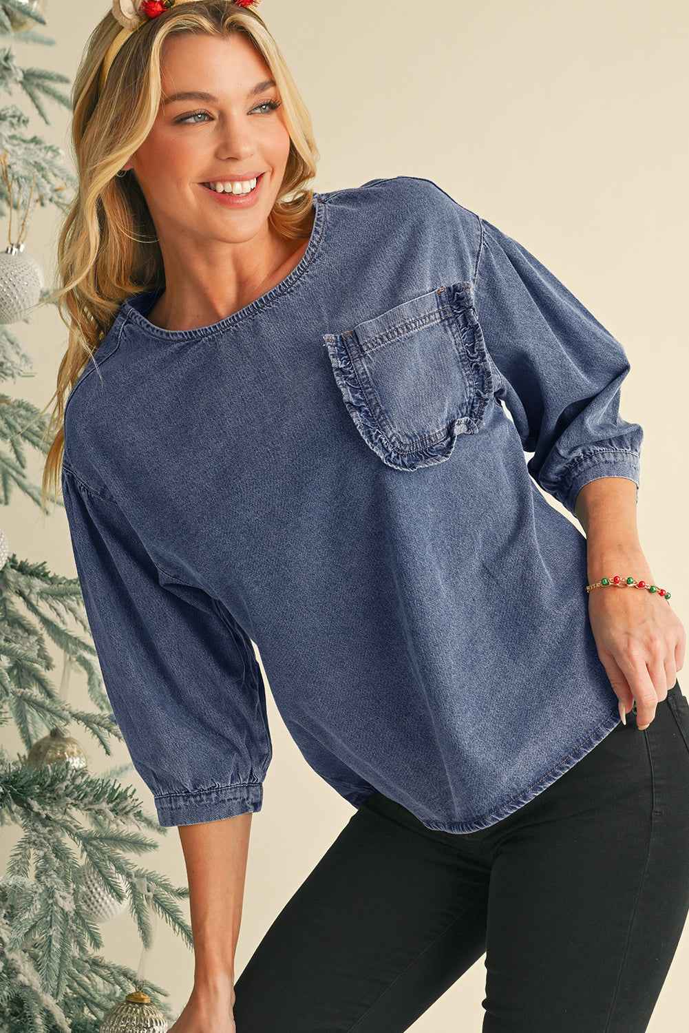 Sky Blue Frill Trim Puff Sleeve Pocket Denim Blouse fc3b8aba182ebd7d