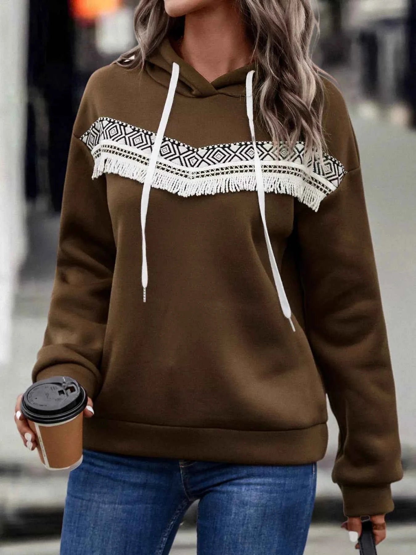 Fringe Detail Long Sleeve Drawstring Hoodie fc90ec70-683b-4ada-8c1e-bb095e6eabe3-Max-Origin