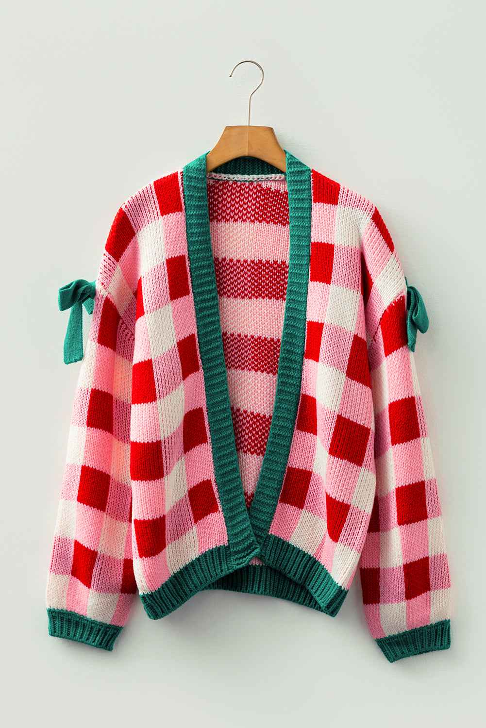 Pink Colorblock Checkered Open Front Knit Cardigan fd27ebaa44d03a22