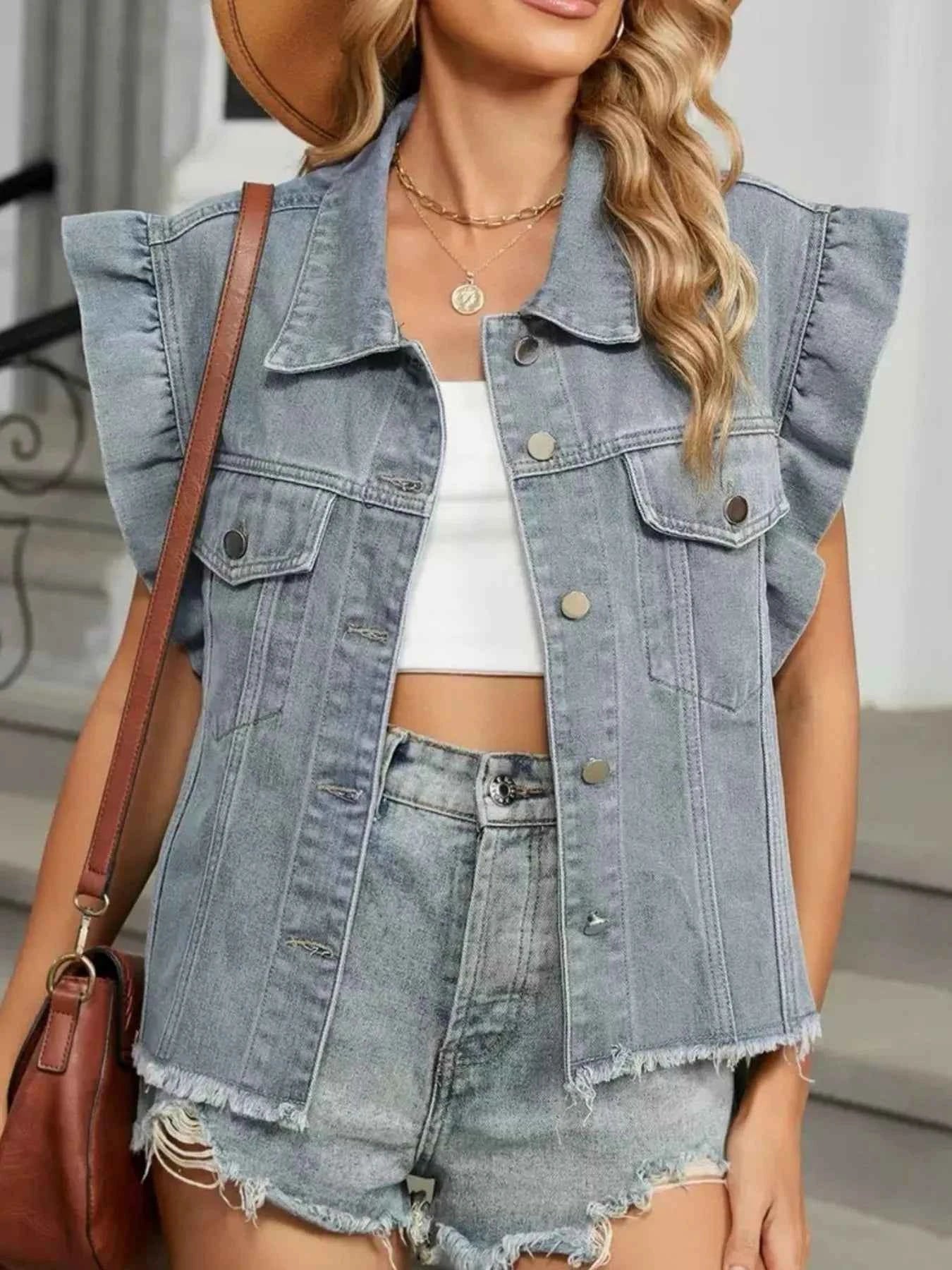 Ruffled Raw Hem Button Up Denim Jacket Light Gray fd78ae37-f5ec-45c6-9002-fd608545a1d9-Max-Origin