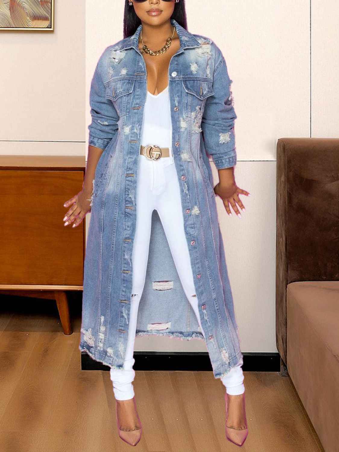 Long Sleeve Raw Hem Denim Jacket Light fe2861a2e53644e28880f12670dd0411-Max