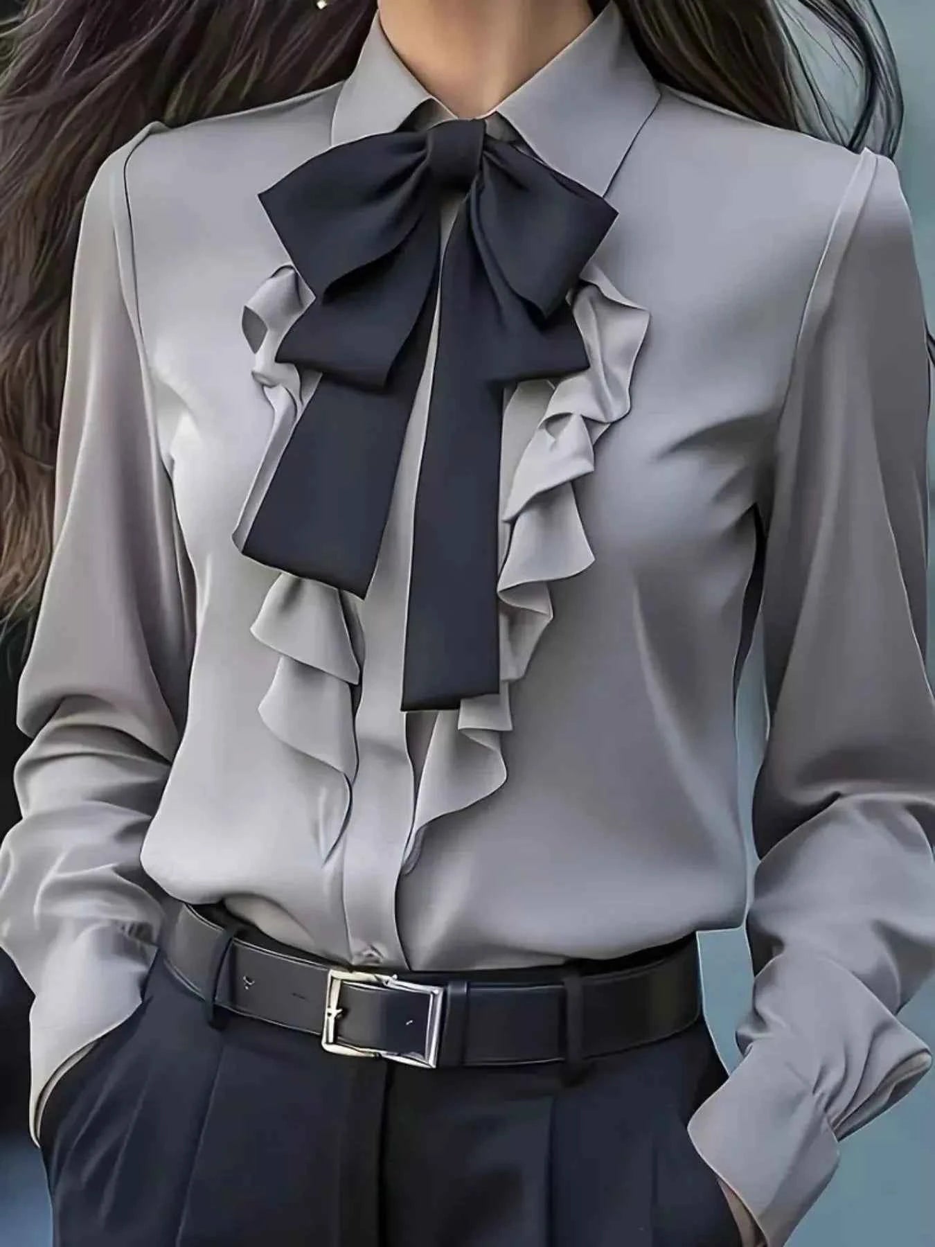 Ruffled Tie Front Long Sleeve Blouse Gray fe65df60-018b-4881-914d-b25b0ee834c2-Max-Origin