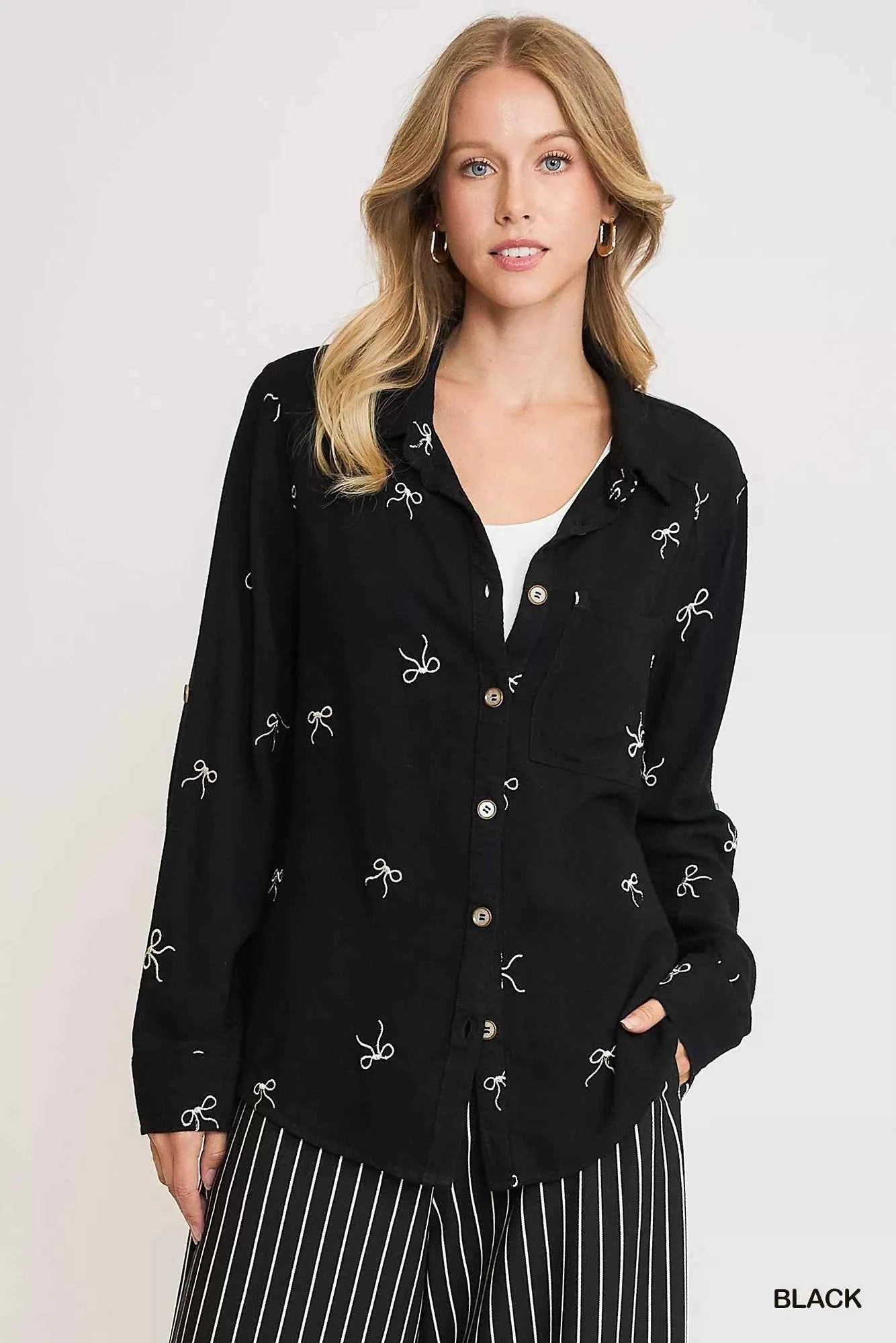 Umgee Linen Blend Fitted Shirt with Ribbon Embroidery Details Black fe9f1421-48b3-42e9-9064-d00ff3cca38f-Max-Origin