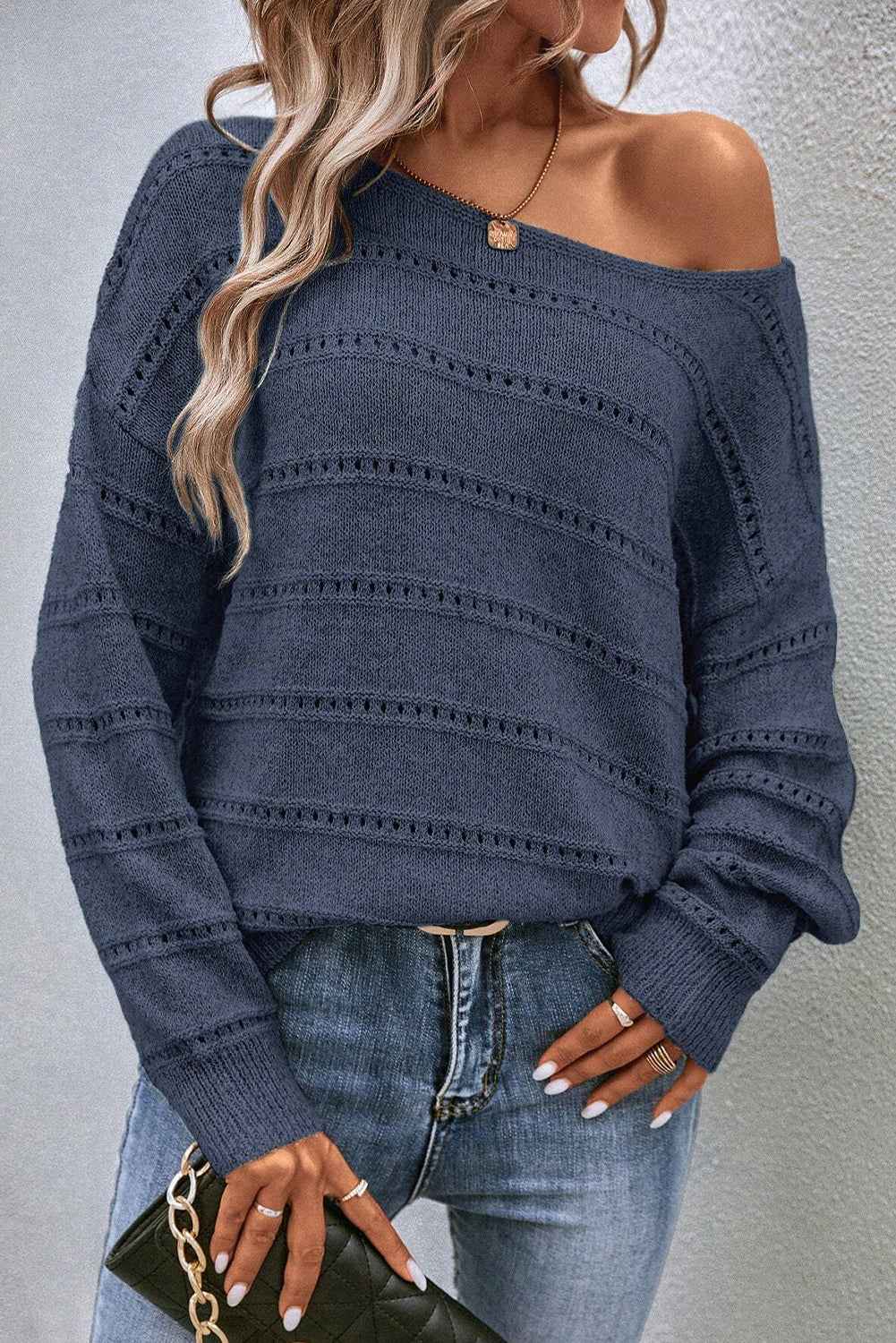 Real Teal Boat Neck Drop Shoulder Pointelle Knit Sweater ff04ace3a0281b5d