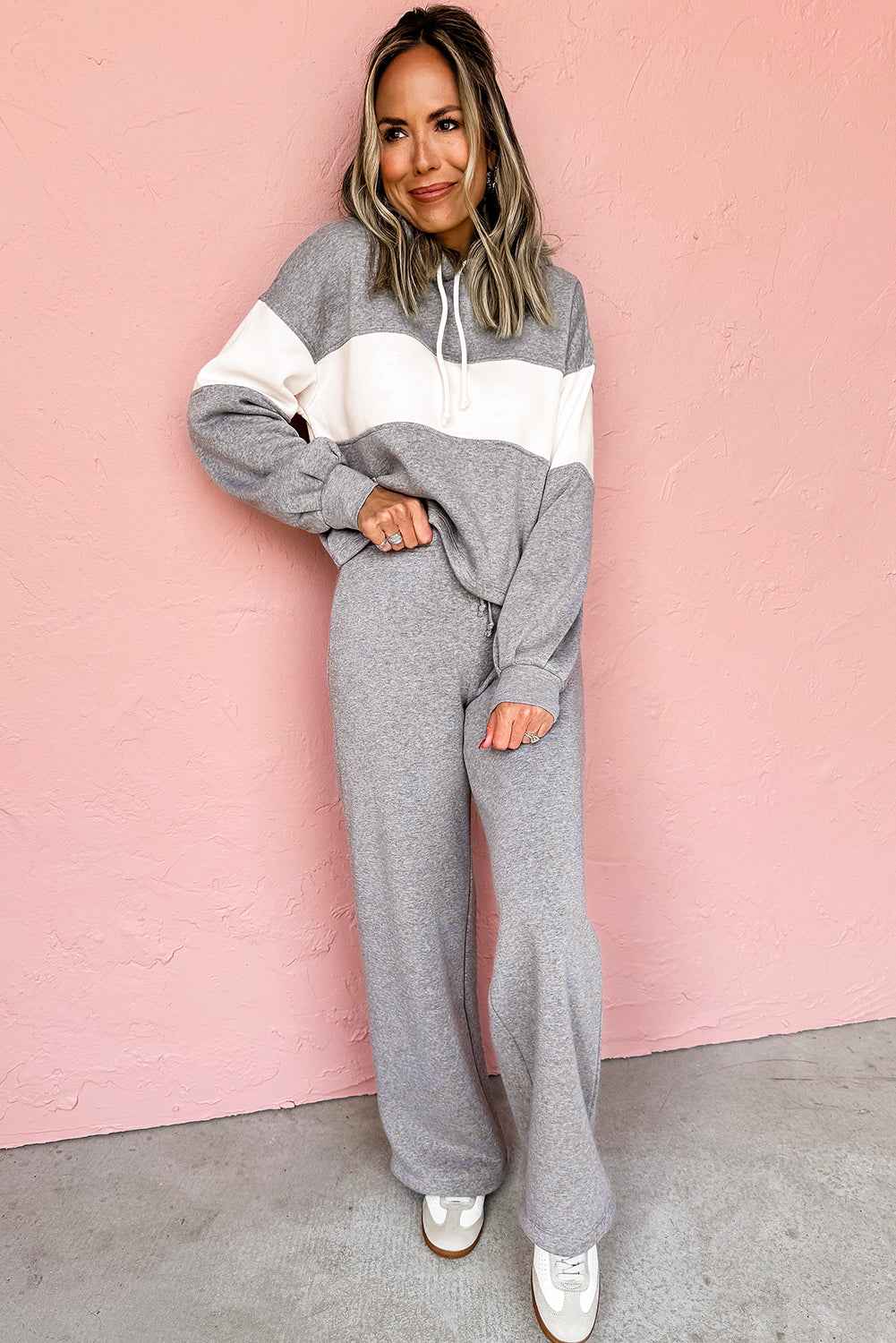 High Rise Colorblock Hoodie Drawstring High Waist Pants Set
