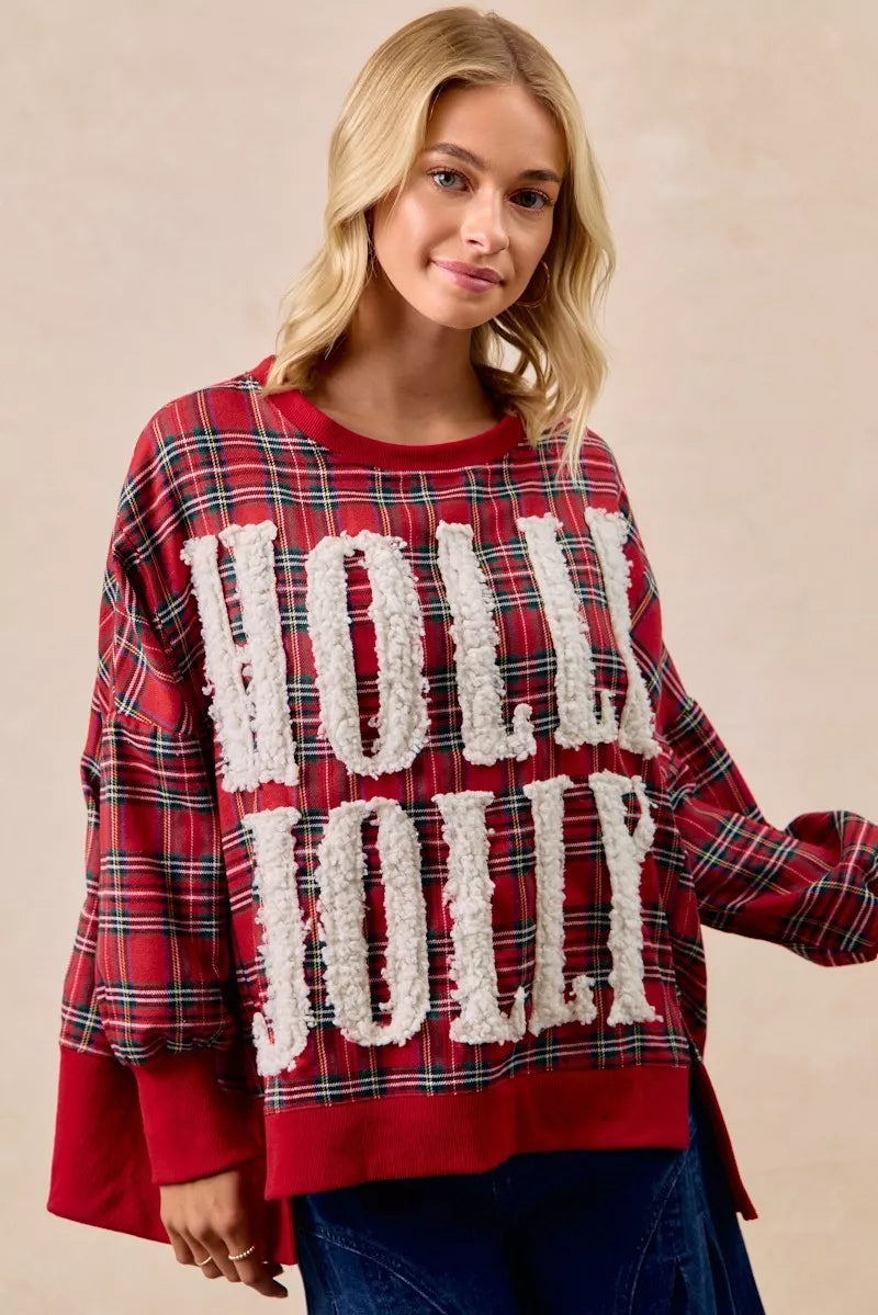 BiBi Holly Jolly Christmas Plaid Oversized Sweatshirt ffbaa60047c841ab835d8c92331df949-Max-Origin